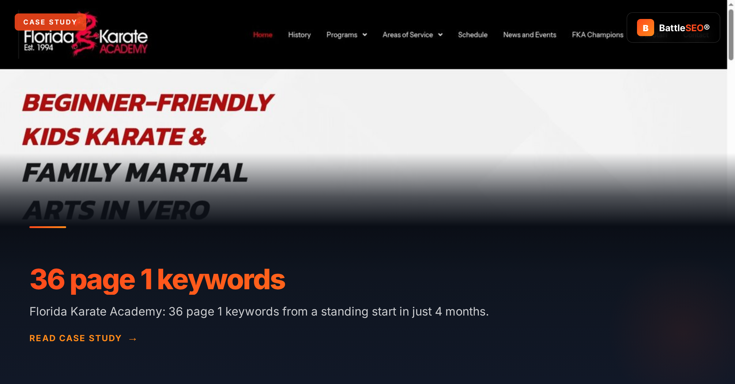 Florida Karate Academy case study: 36 page-one keywords from a standing start in just 4 months