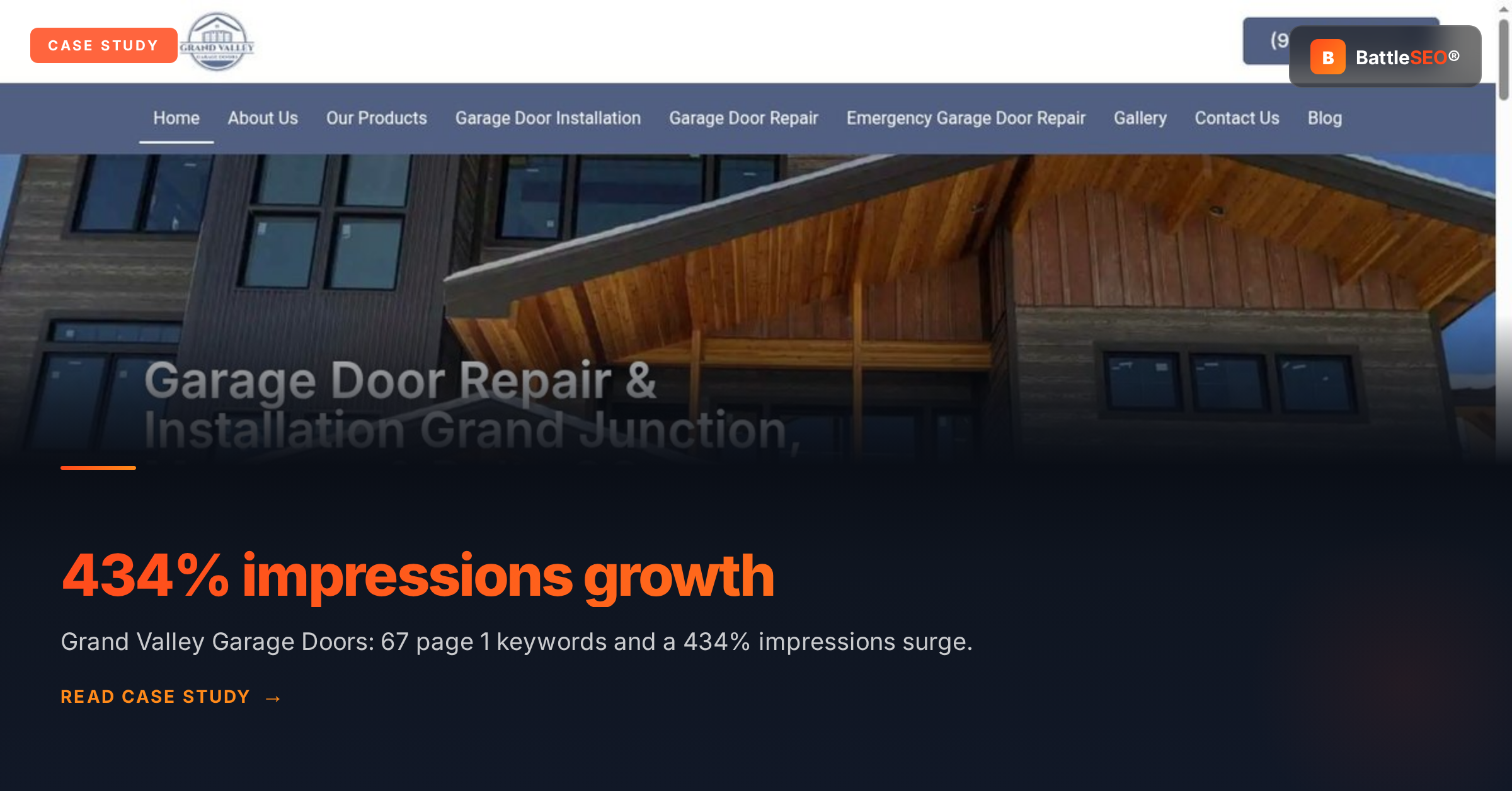 Grand Valley Garage Doors case study: 67 page-one keywords and a 434% impressions surge