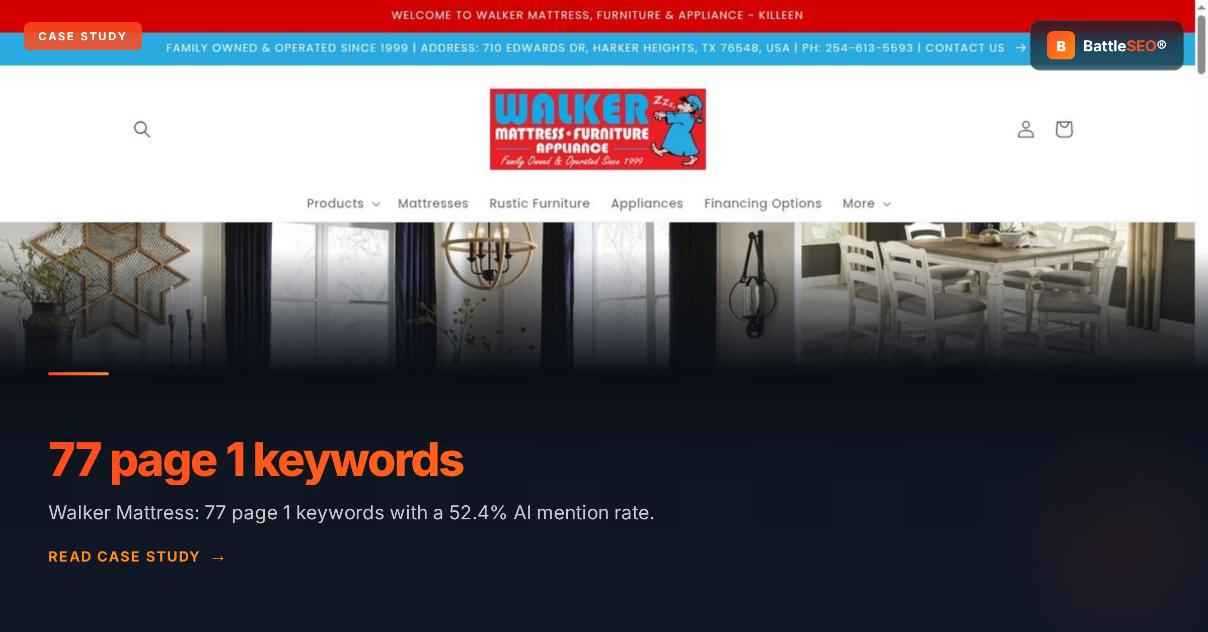 Walker Mattress Furniture and Appliance case study: 77 page-one keywords with a 52.4% AI mention rate